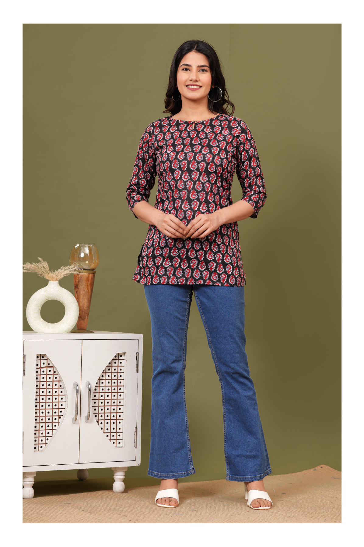 Black & Red Paisley Printed Crepe Short kurti for Women