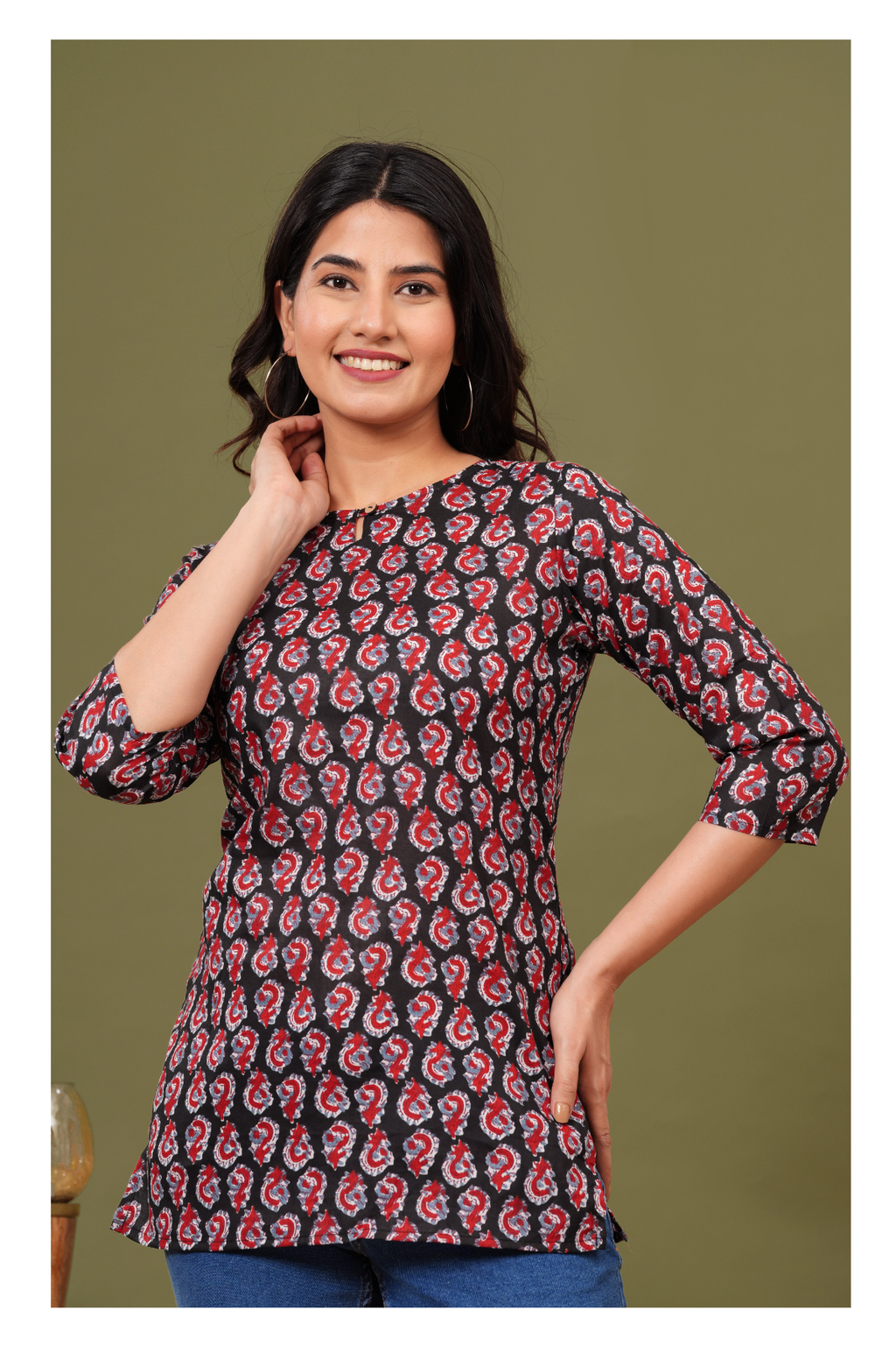 Black & Red Paisley Printed Crepe Short kurti for Women