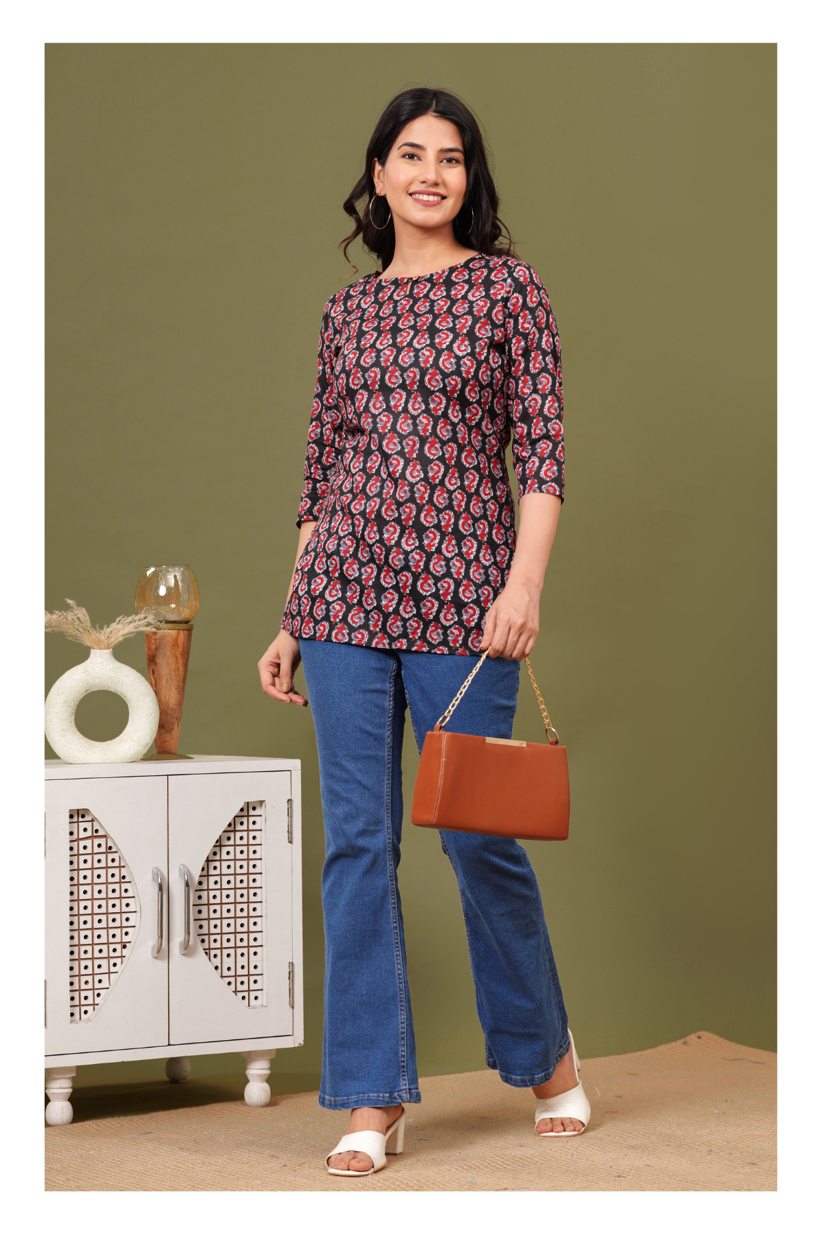 Black & Red Paisley Printed Crepe Short kurti for Women