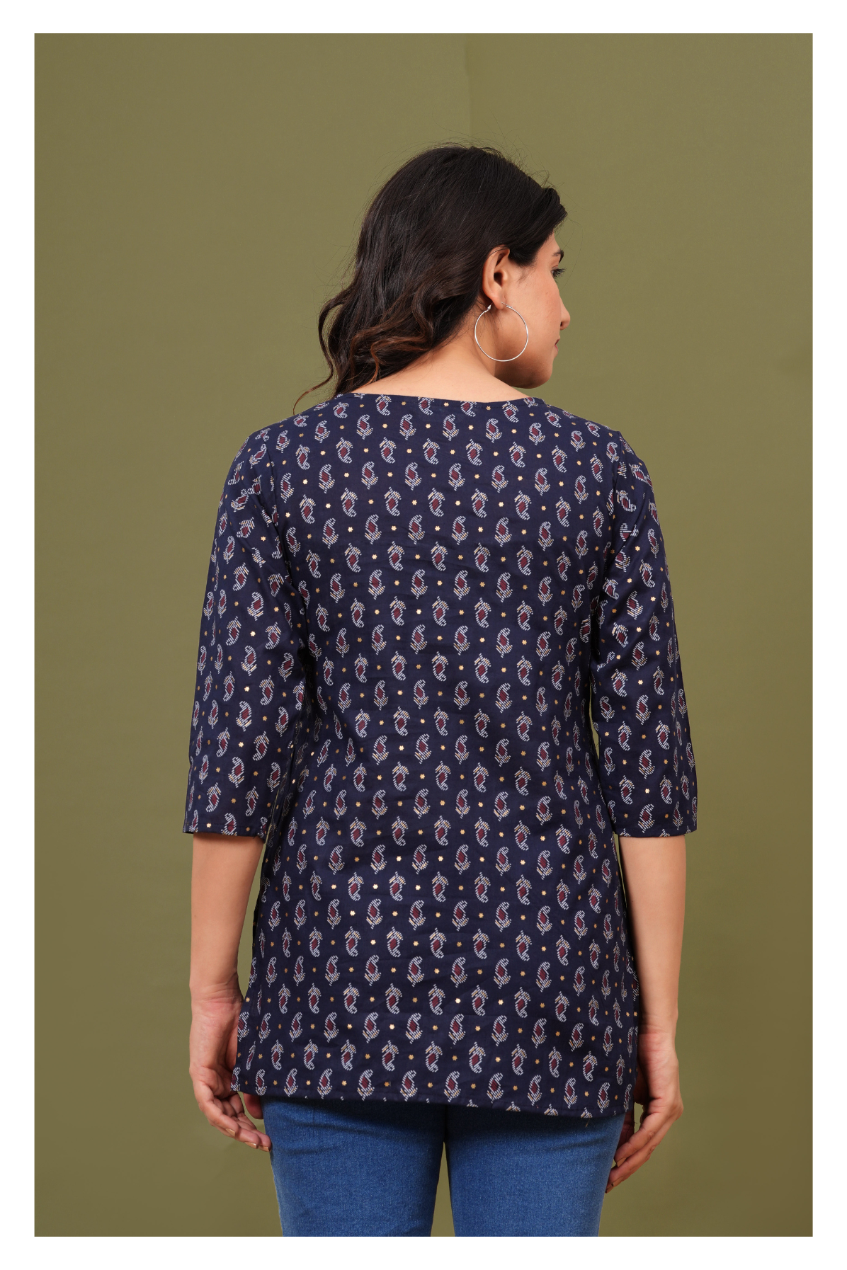 Navy Blue Regular Fit Cotton short kurti with All-Over Print
