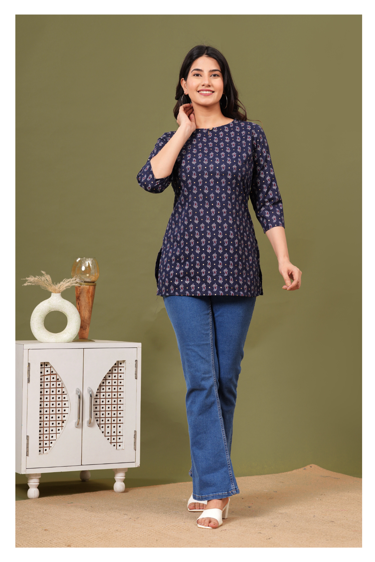 Navy Blue Regular Fit Cotton short kurti with All-Over Print