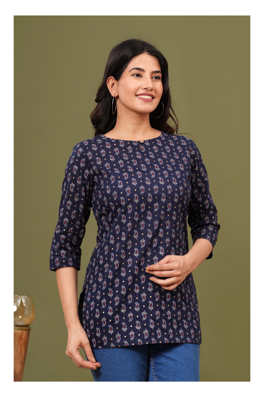 Navy Blue Regular Fit Cotton short kurti with All-Over Print