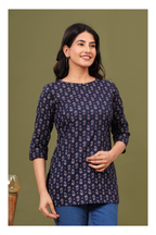 Navy Blue Regular Fit Cotton short kurti with All-Over Print