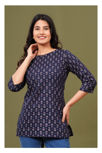 Navy Blue Regular Fit Cotton short kurti with All-Over Print