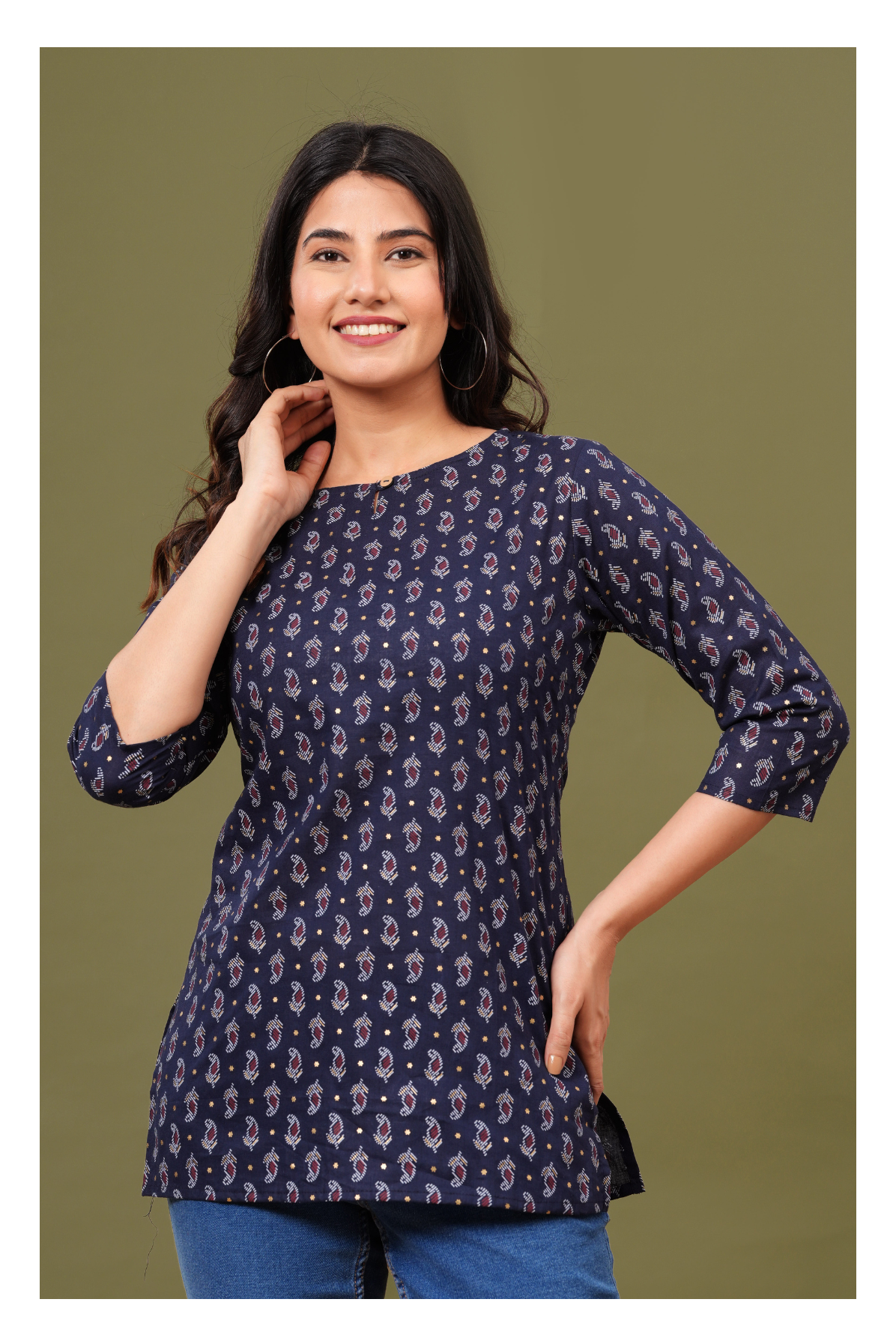 Navy Blue Regular Fit Cotton short kurti with All-Over Print