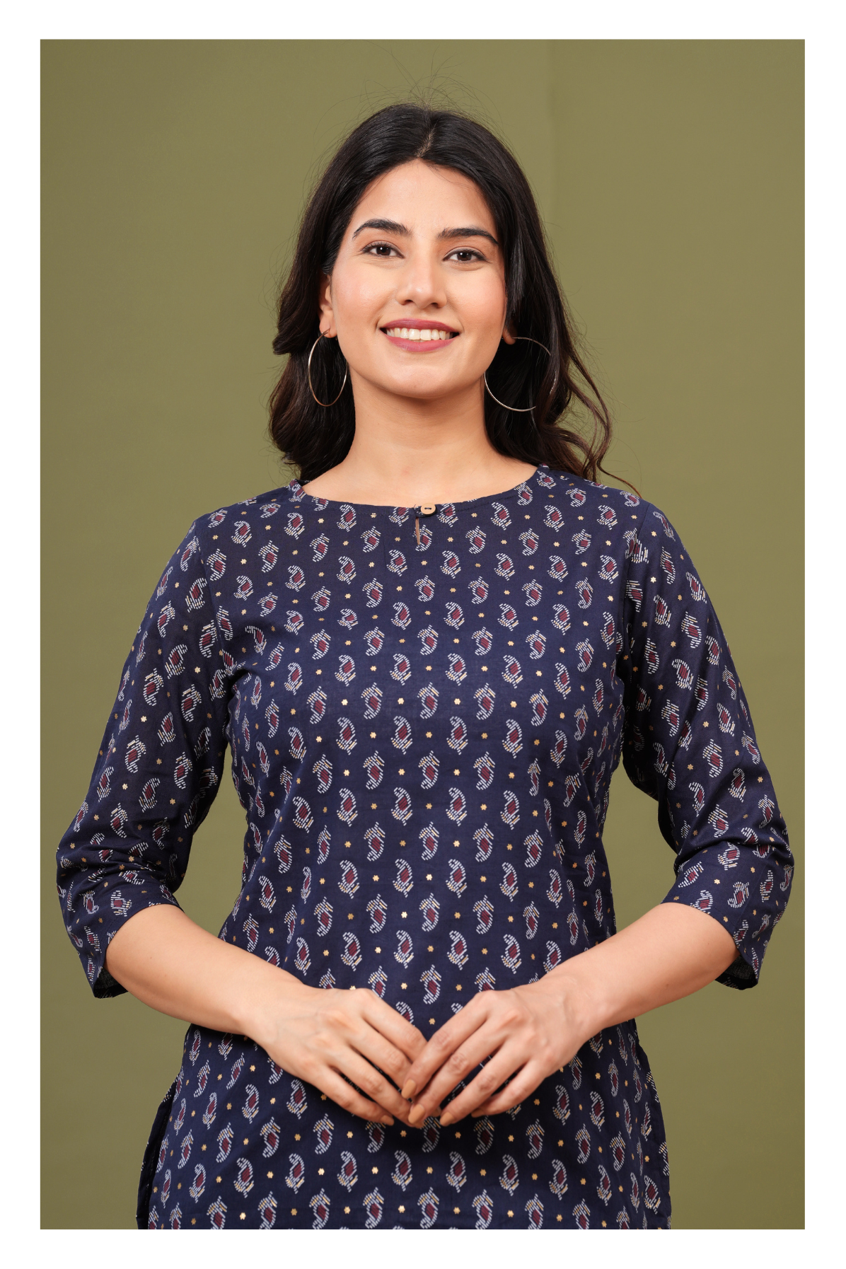 Navy Blue Regular Fit Cotton short kurti with All-Over Print