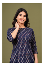 Navy Blue Regular Fit Cotton short kurti with All-Over Print