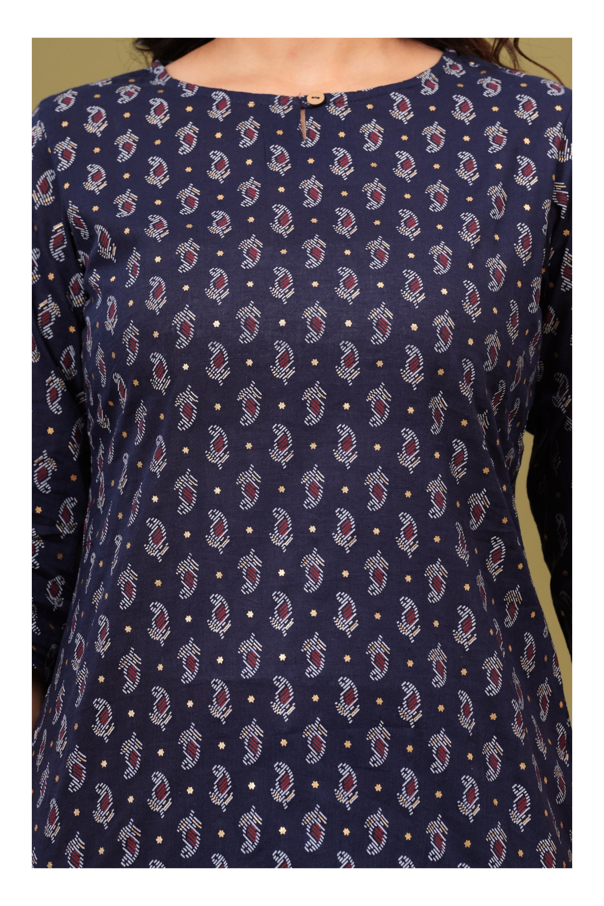 Navy Blue Regular Fit Cotton short kurti with All-Over Print