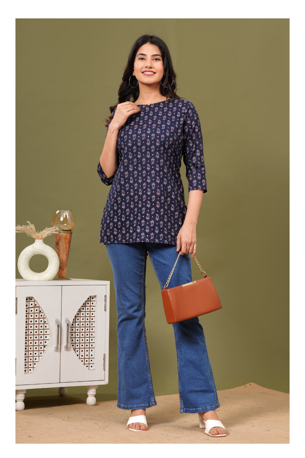 Navy Blue Regular Fit Cotton short kurti with All-Over Print