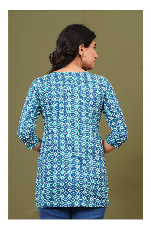 Blue Teal Geometric Cotton Short kurti for Women