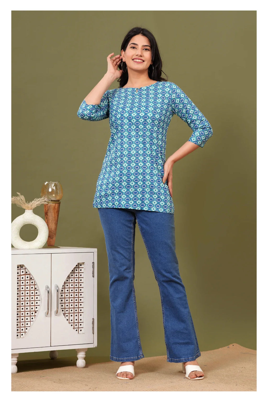 Blue Teal Geometric Cotton Short kurti for Women