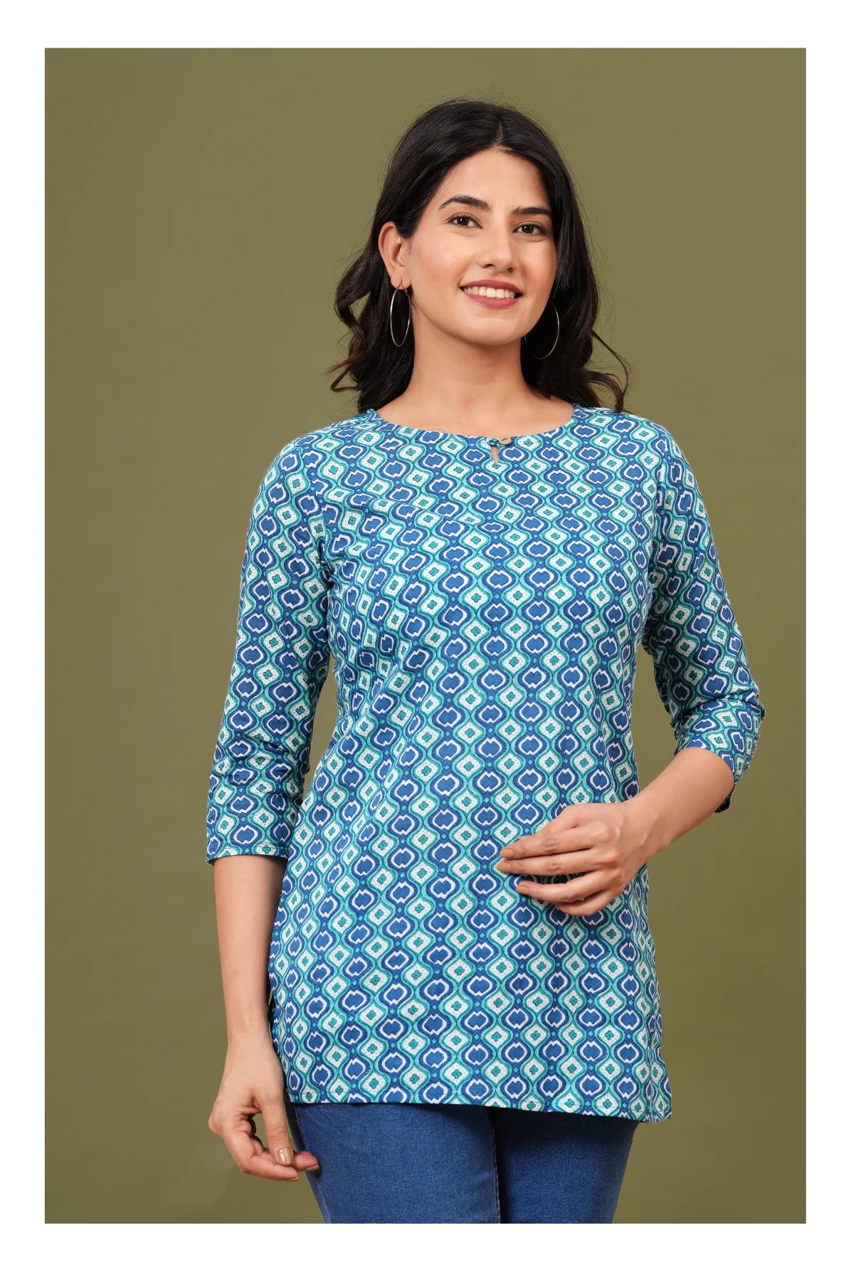 Blue Teal Geometric Cotton Short kurti for Women