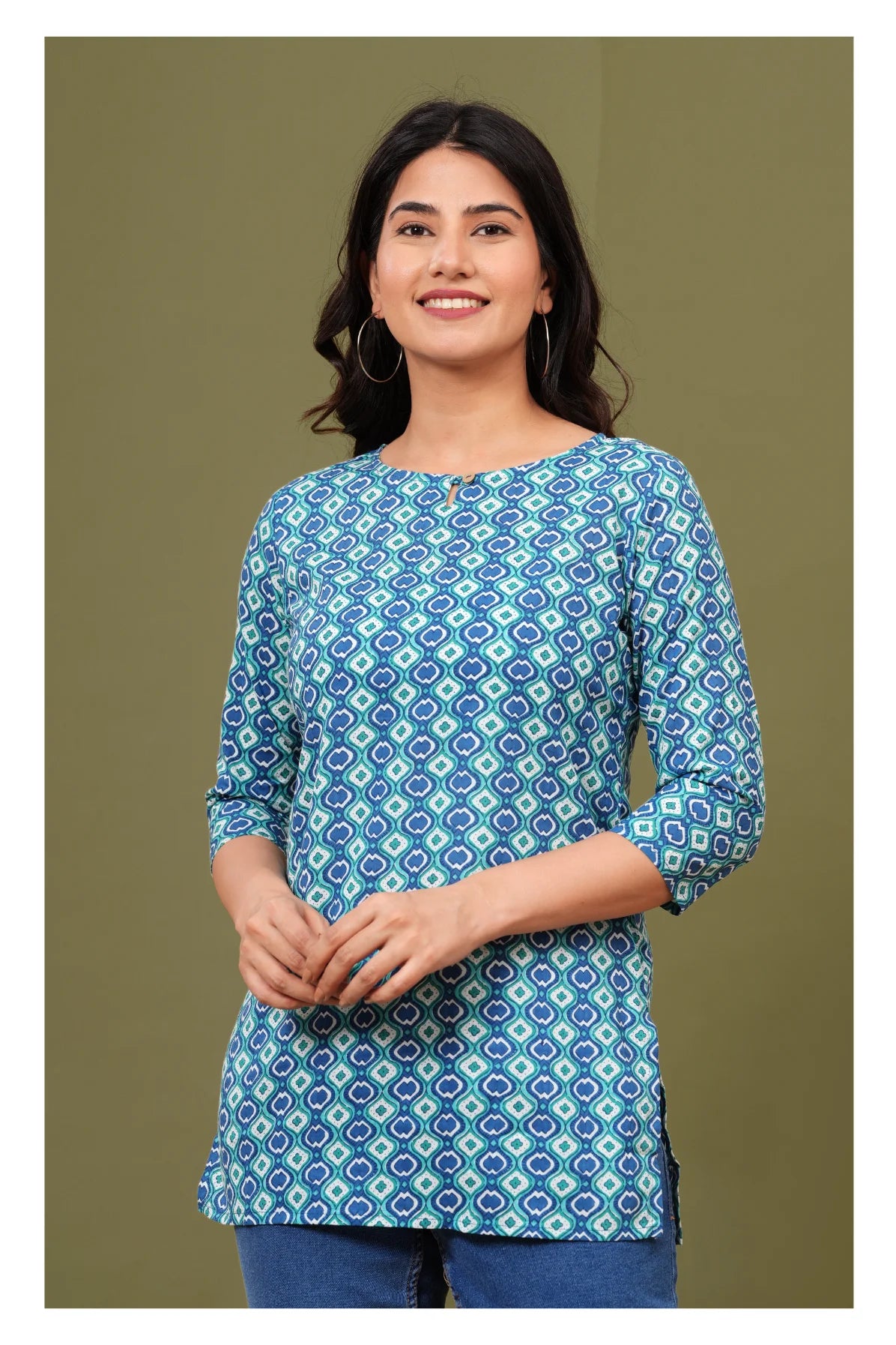 Blue Teal Geometric Cotton Short kurti for Women