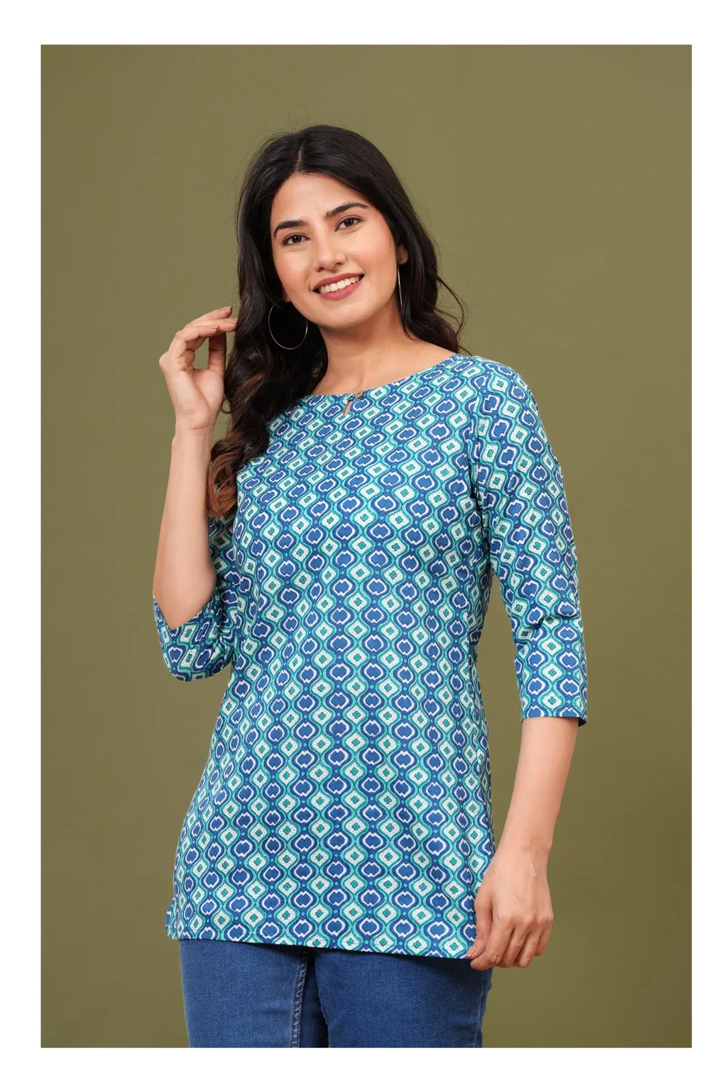 Blue Teal Geometric Cotton Short kurti for Women