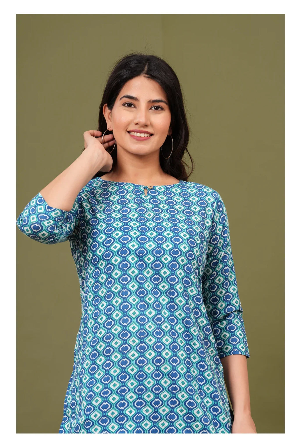 Blue Teal Geometric Cotton Short kurti for Women