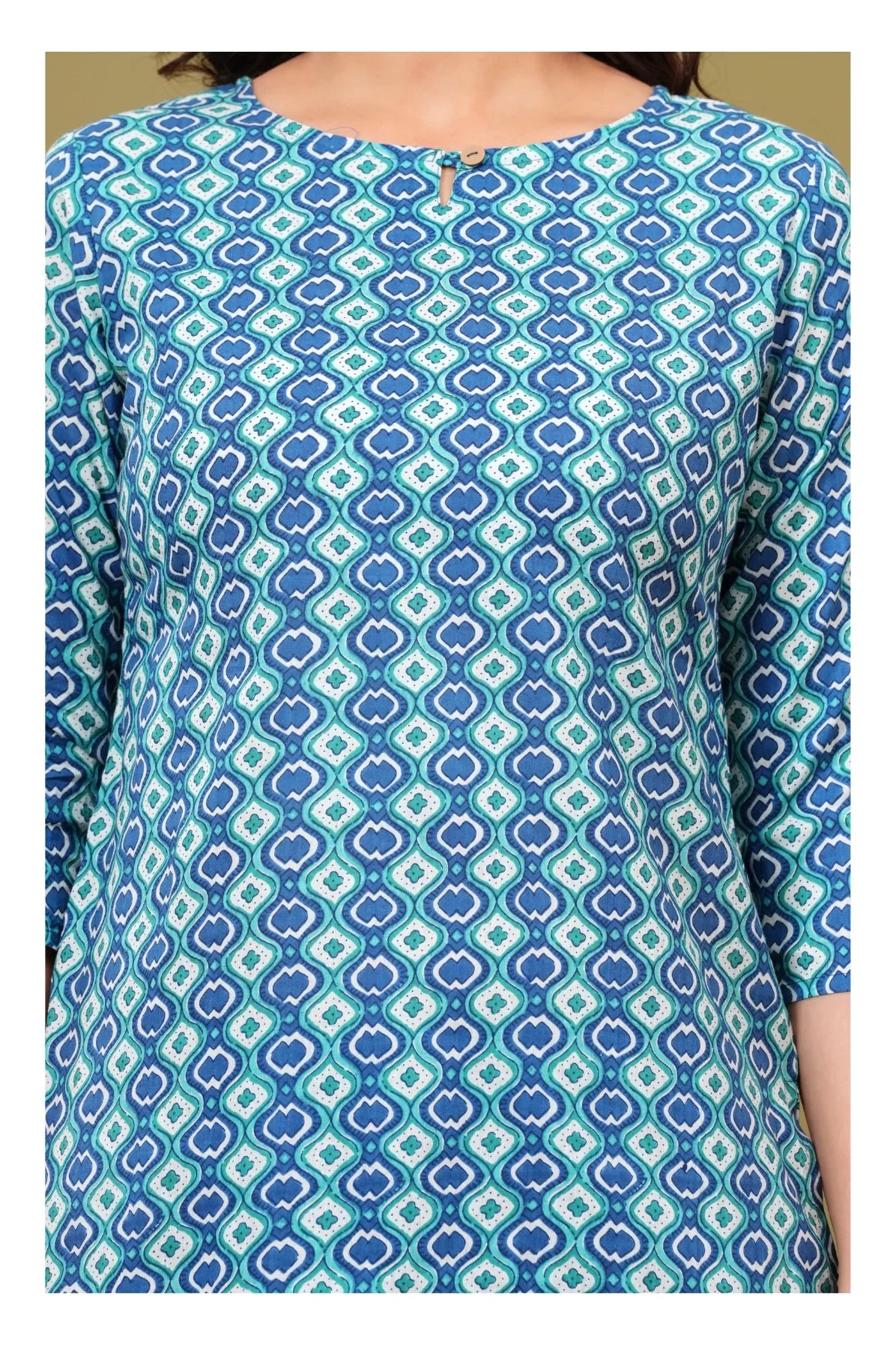 Blue Teal Geometric Cotton Short kurti for Women