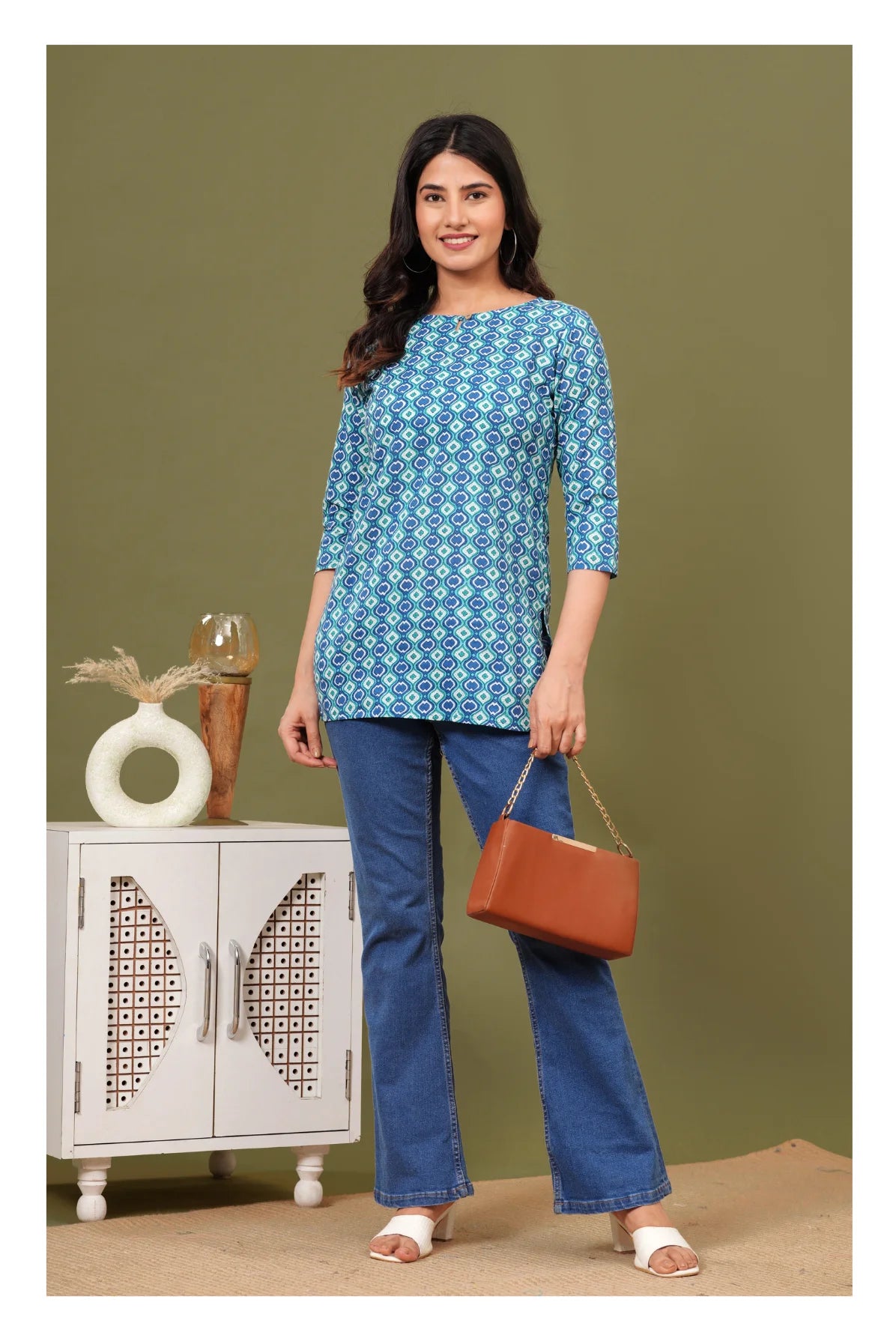 Blue Teal Geometric Cotton Short kurti for Women