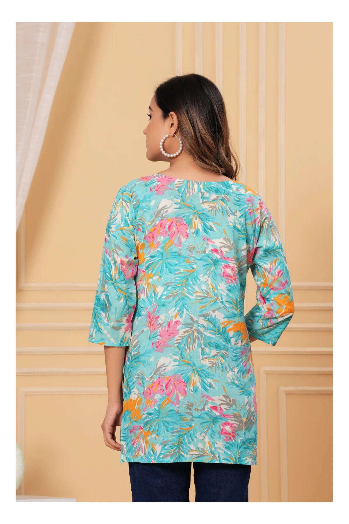 Turquoise Floral Cotton Straight Short kurti for Women