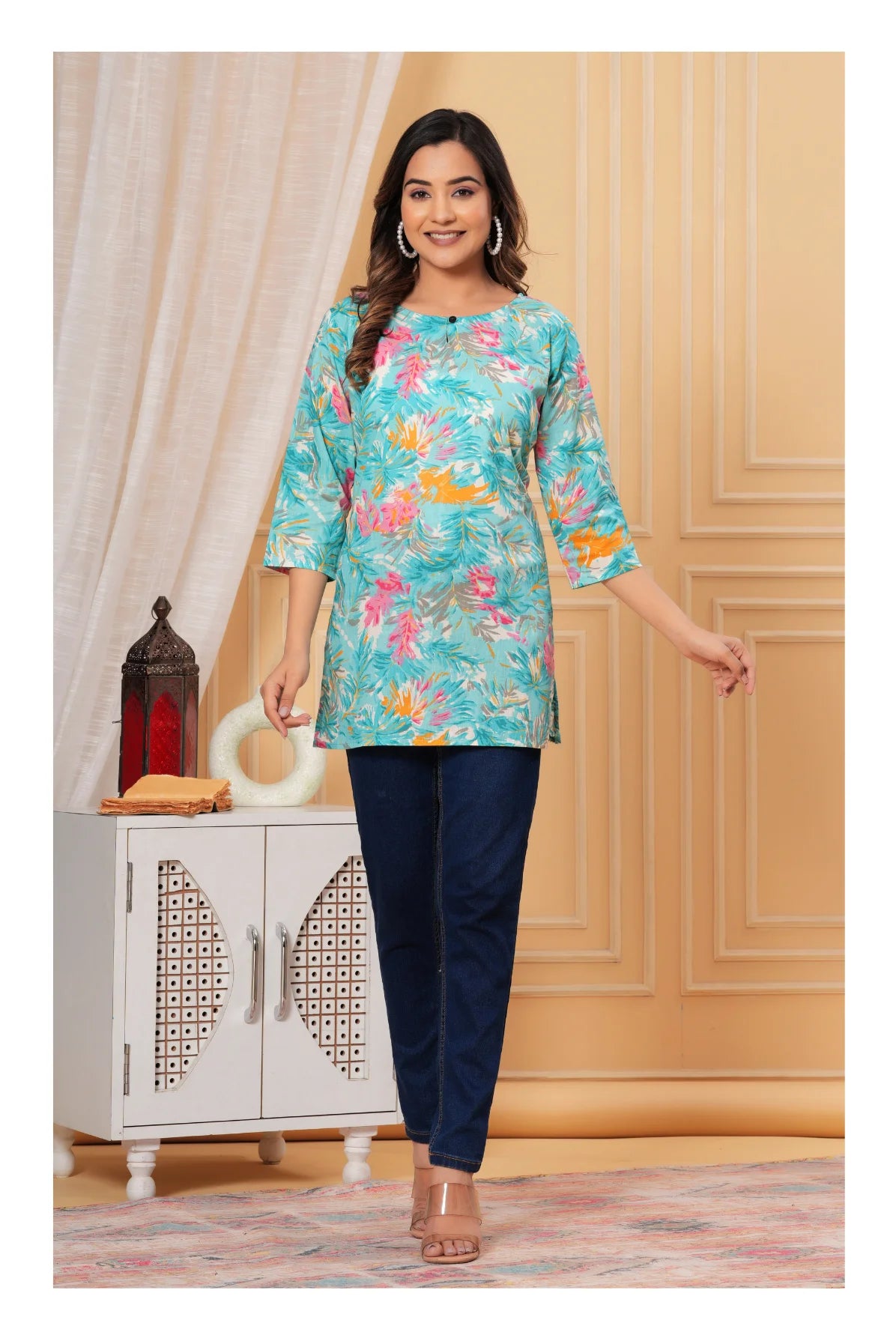 Turquoise Floral Cotton Straight Short kurti for Women