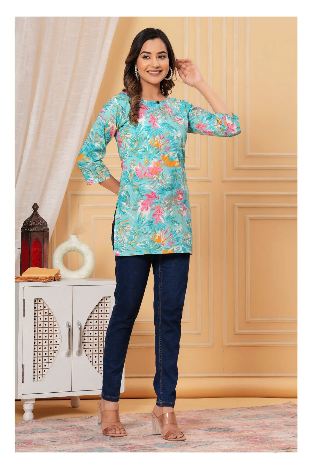 Turquoise Floral Cotton Straight Short kurti for Women