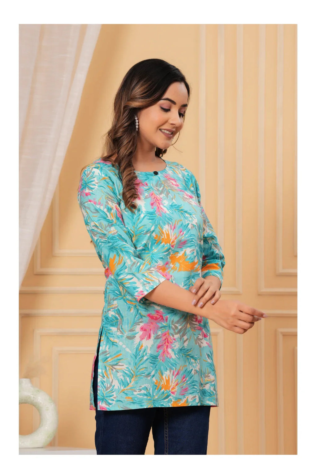 Turquoise Floral Cotton Straight Short kurti for Women