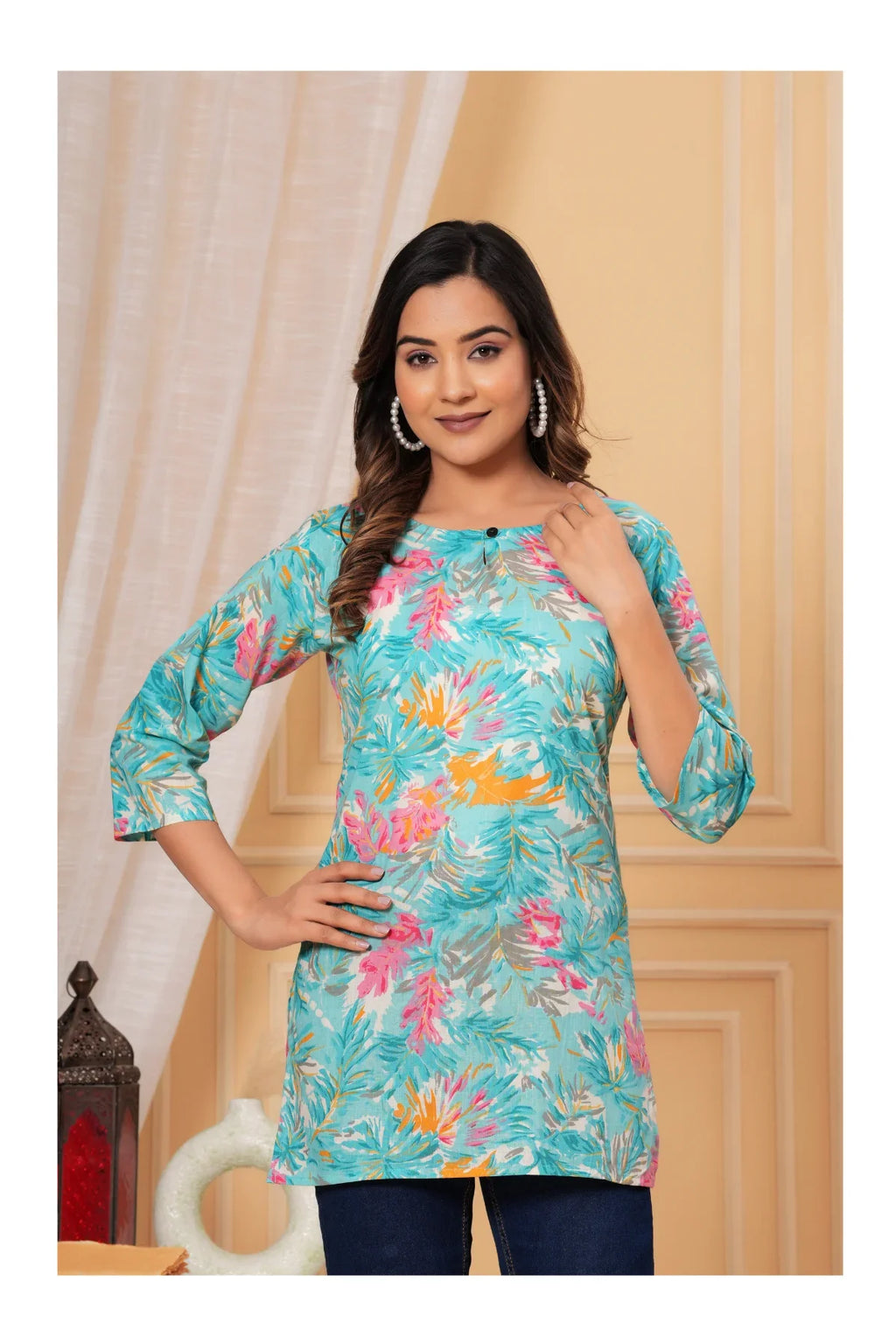 Turquoise Floral Cotton Straight Short kurti for Women
