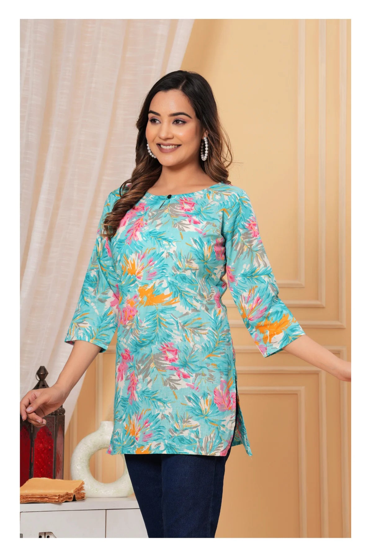 Turquoise Floral Cotton Straight Short kurti for Women