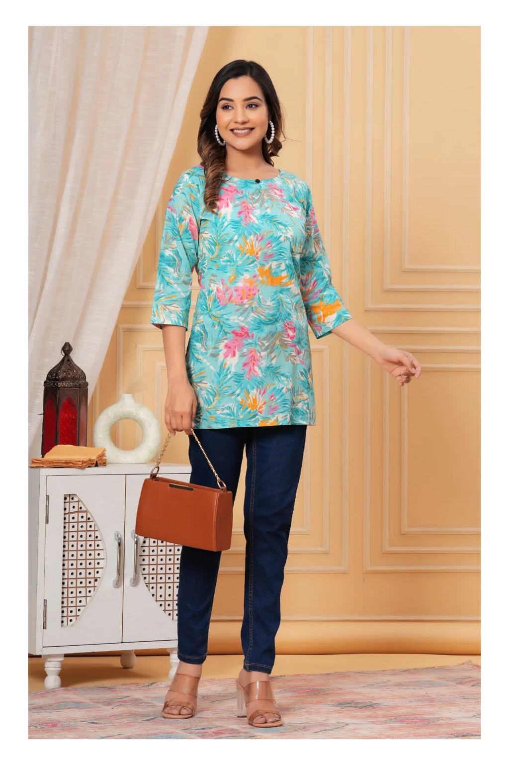 Turquoise Floral Cotton Straight Short kurti for Women