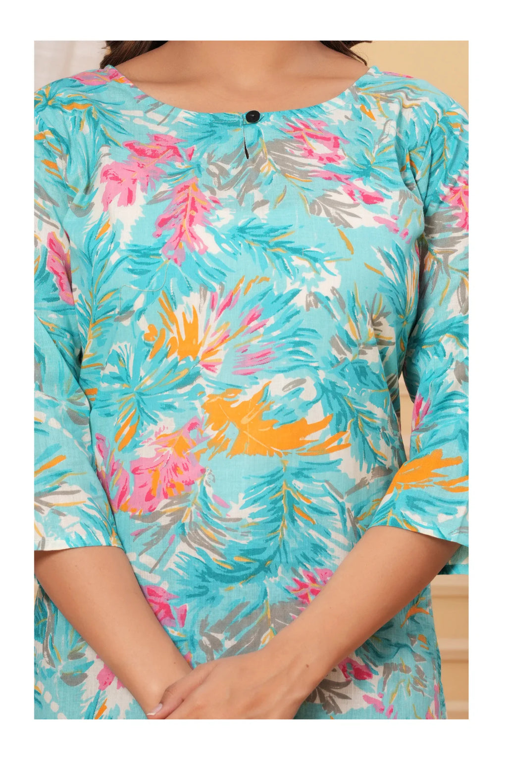 Turquoise Floral Cotton Straight Short kurti for Women