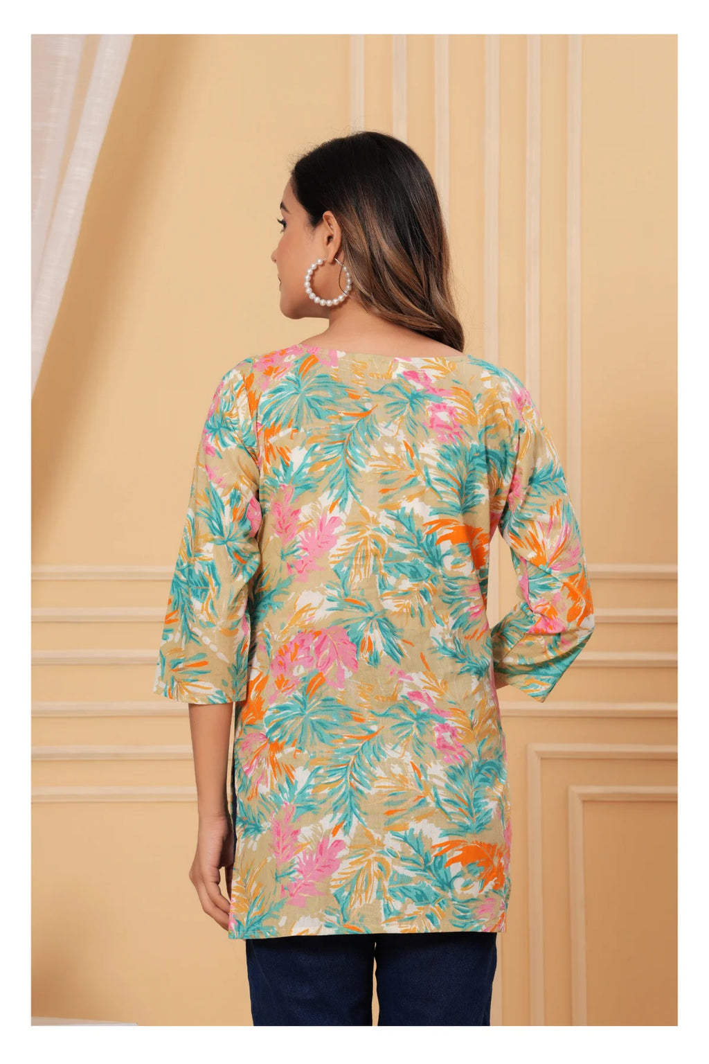 Women’s Beige Tropical Print Straight Kurti Top