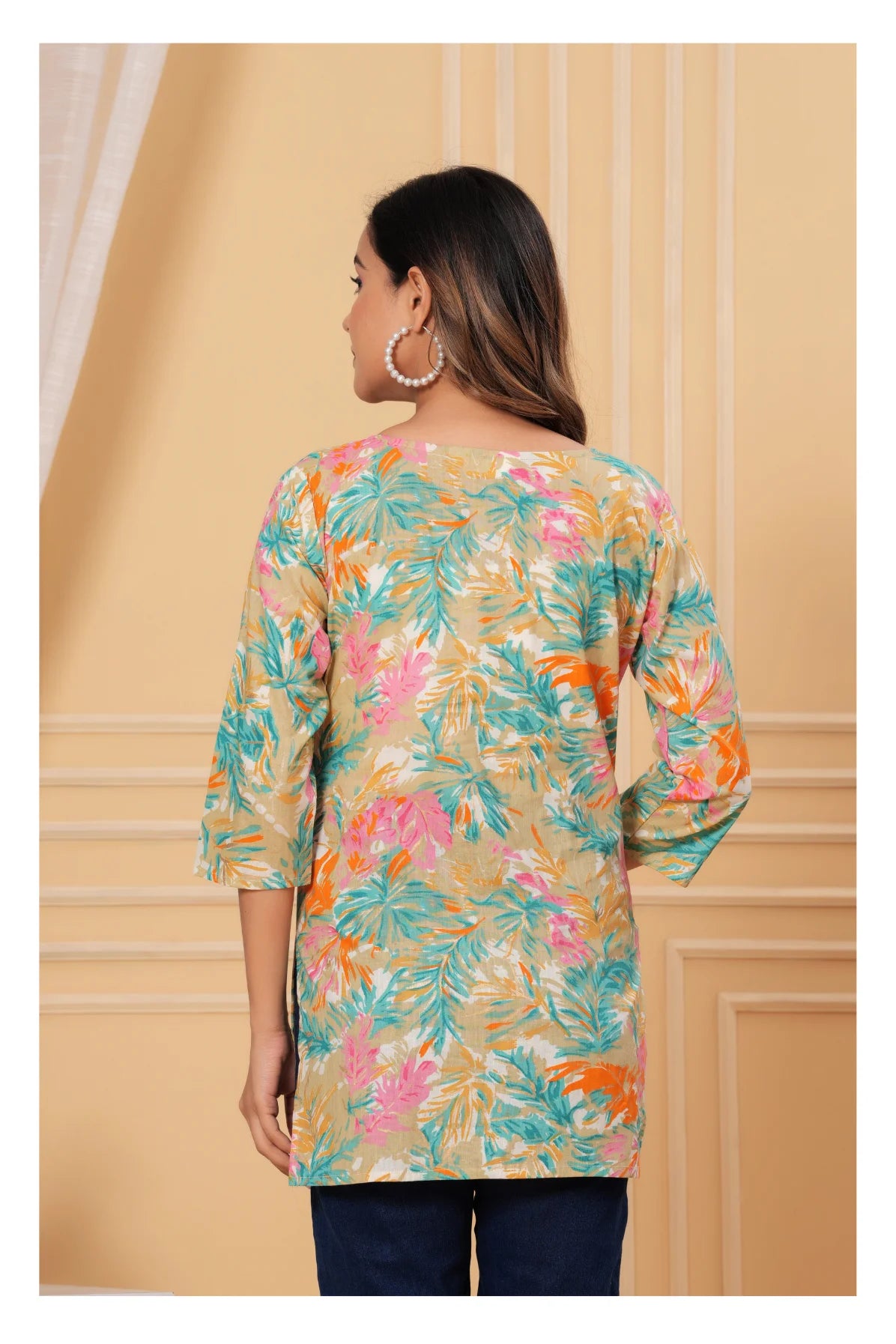 Women’s Beige Tropical Print Straight Kurti Top