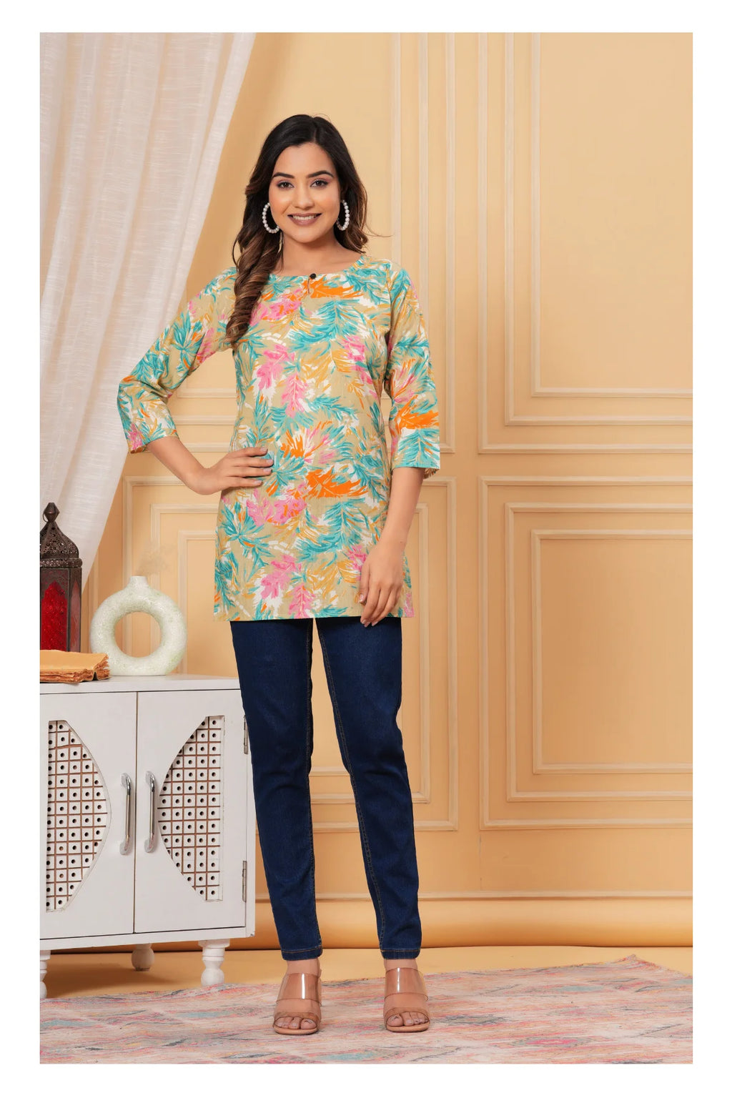 Women’s Beige Tropical Print Straight Kurti Top