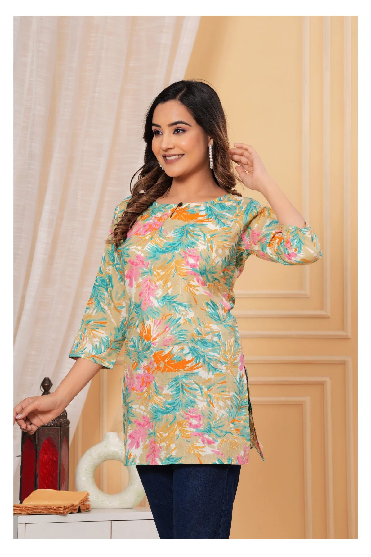 Women’s Beige Tropical Print Straight Kurti Top