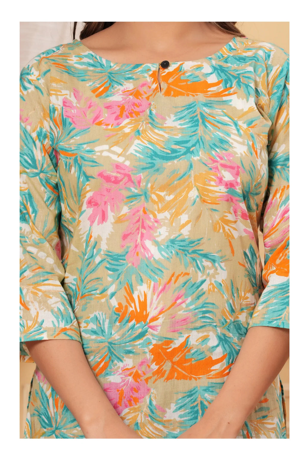 Women’s Beige Tropical Print Straight Kurti Top