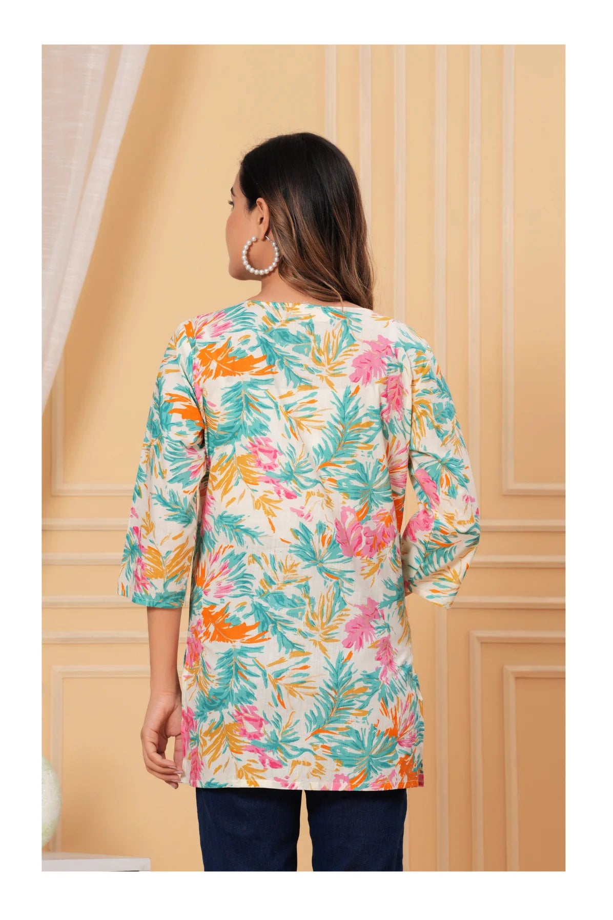 Women’s Floral Printed Cotton Kurti – Teal & Multicolor