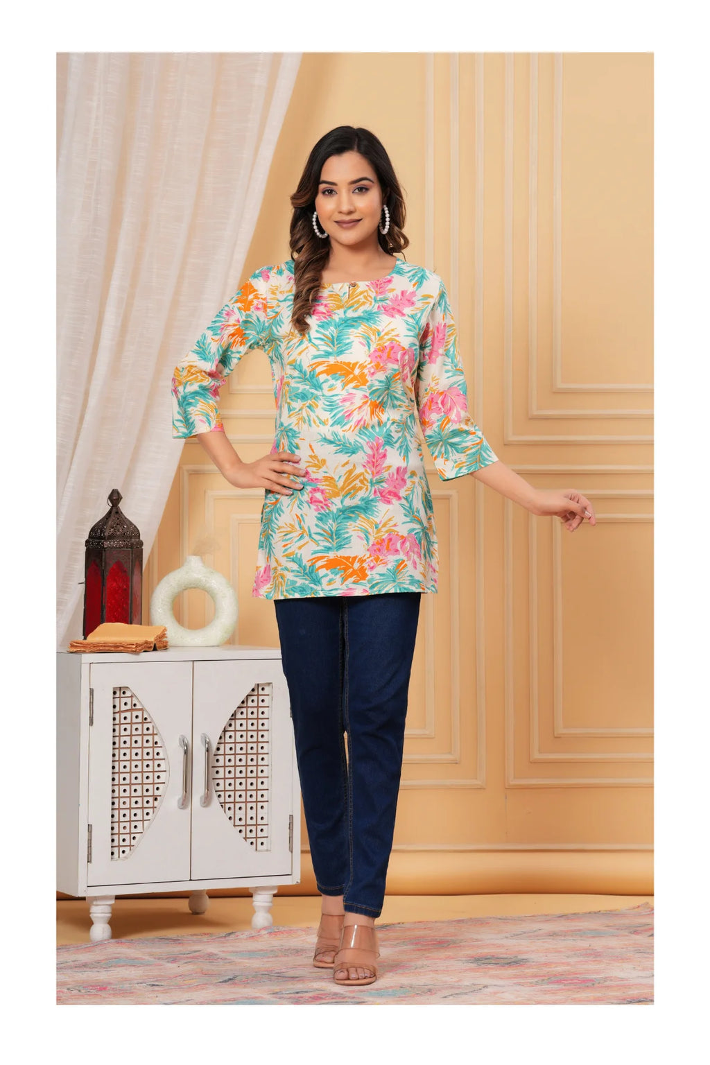 Women’s Floral Printed Cotton Kurti – Teal & Multicolor
