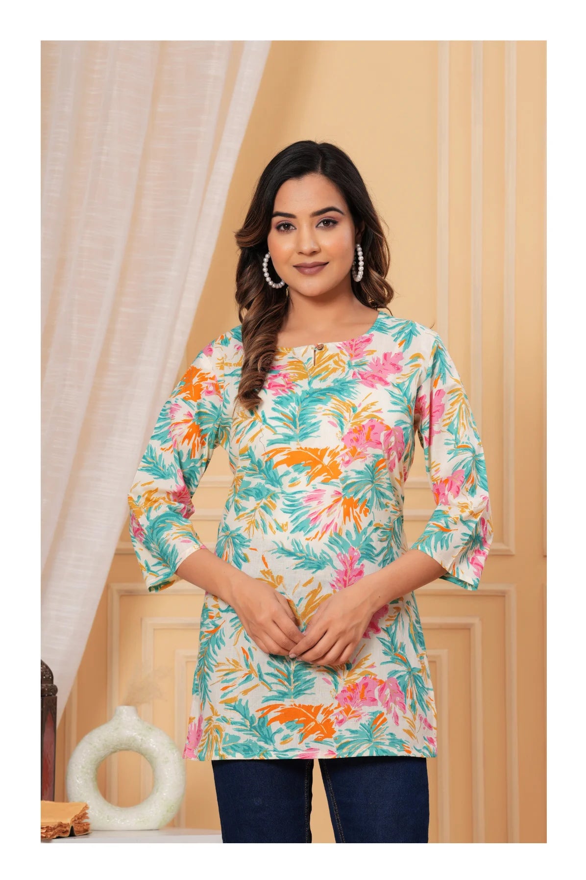 Women’s Floral Printed Cotton Kurti – Teal & Multicolor