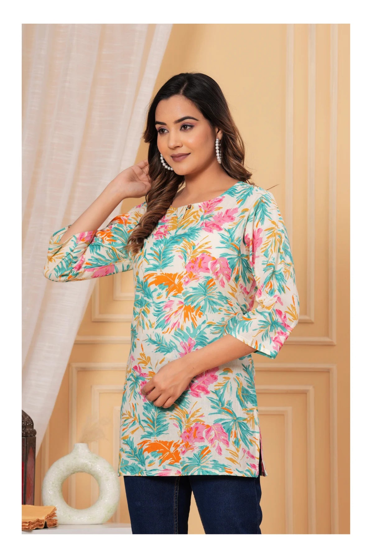 Women’s Floral Printed Cotton Kurti – Teal & Multicolor