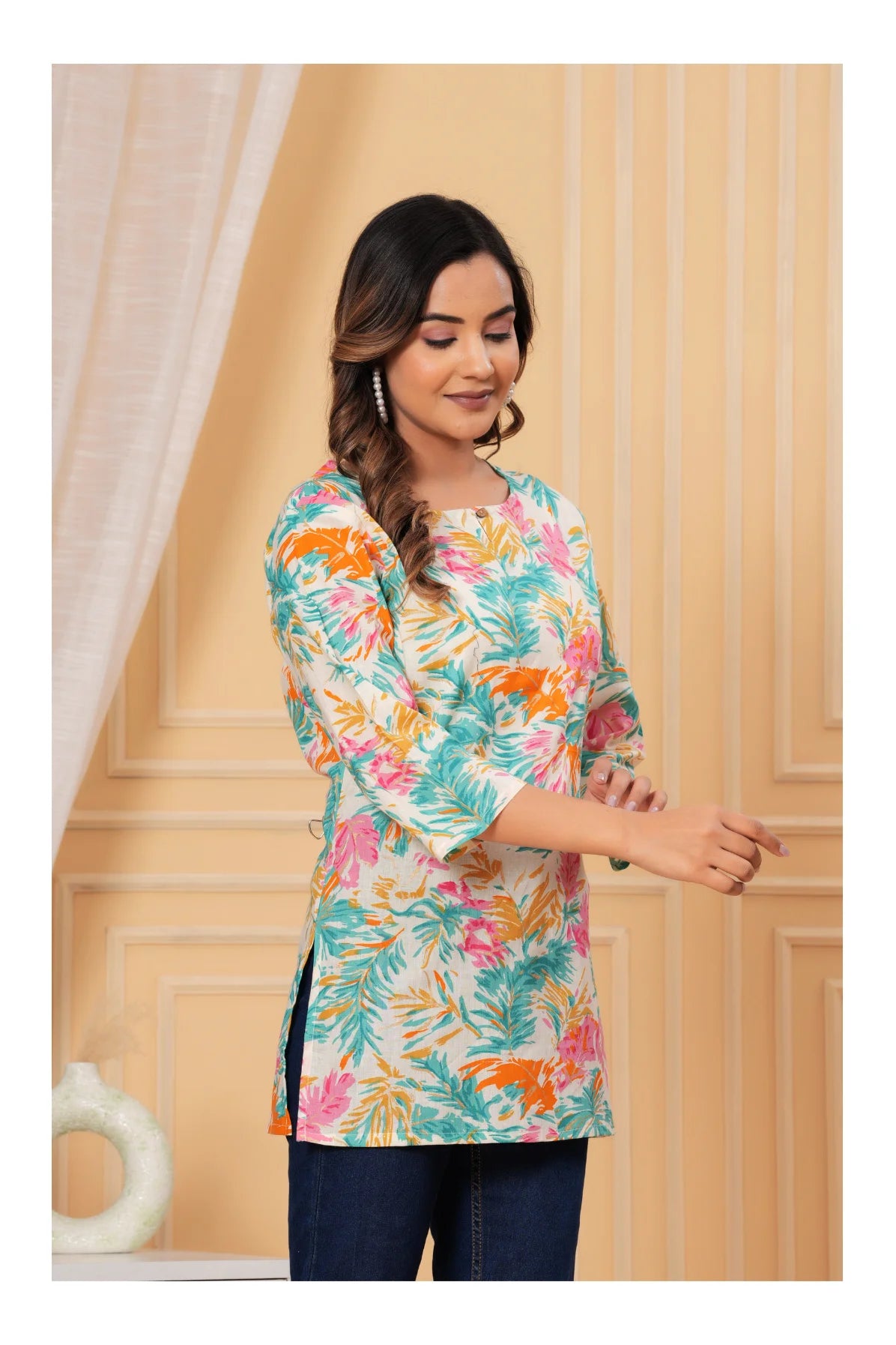 Women’s Floral Printed Cotton Kurti – Teal & Multicolor