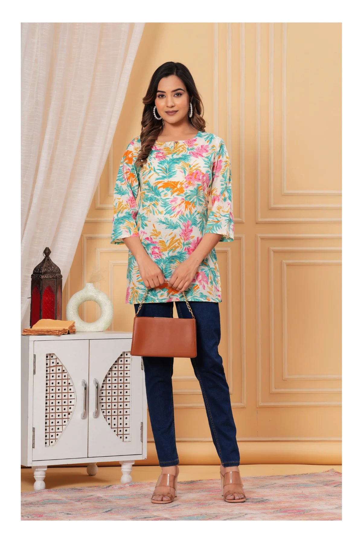 Women’s Floral Printed Cotton Kurti – Teal & Multicolor