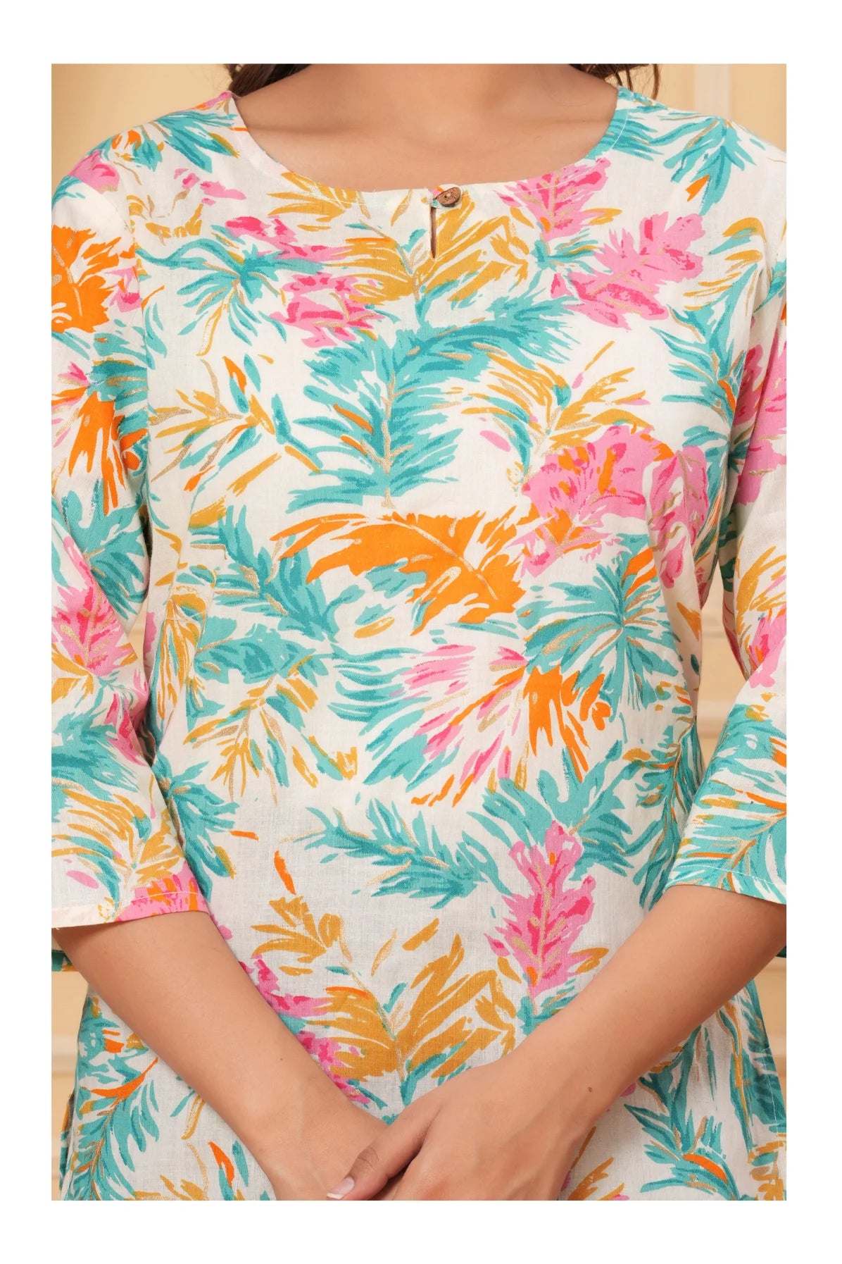 Women’s Floral Printed Cotton Kurti – Teal & Multicolor