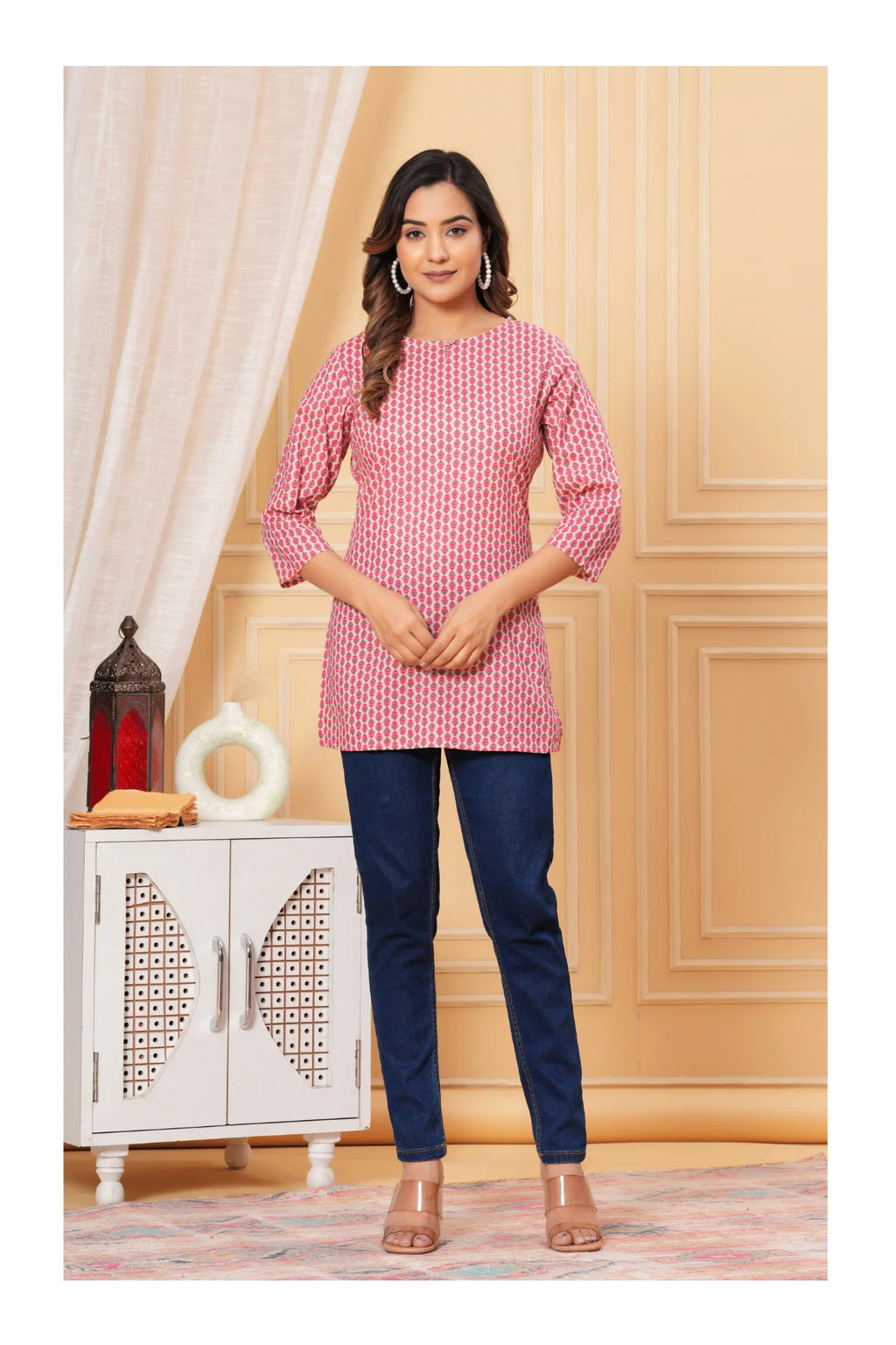 Pink Printed Straight Cotton Kurti for Women