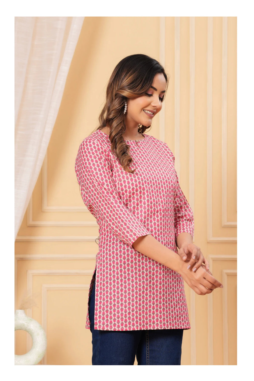 Pink Printed Straight Cotton Kurti for Women