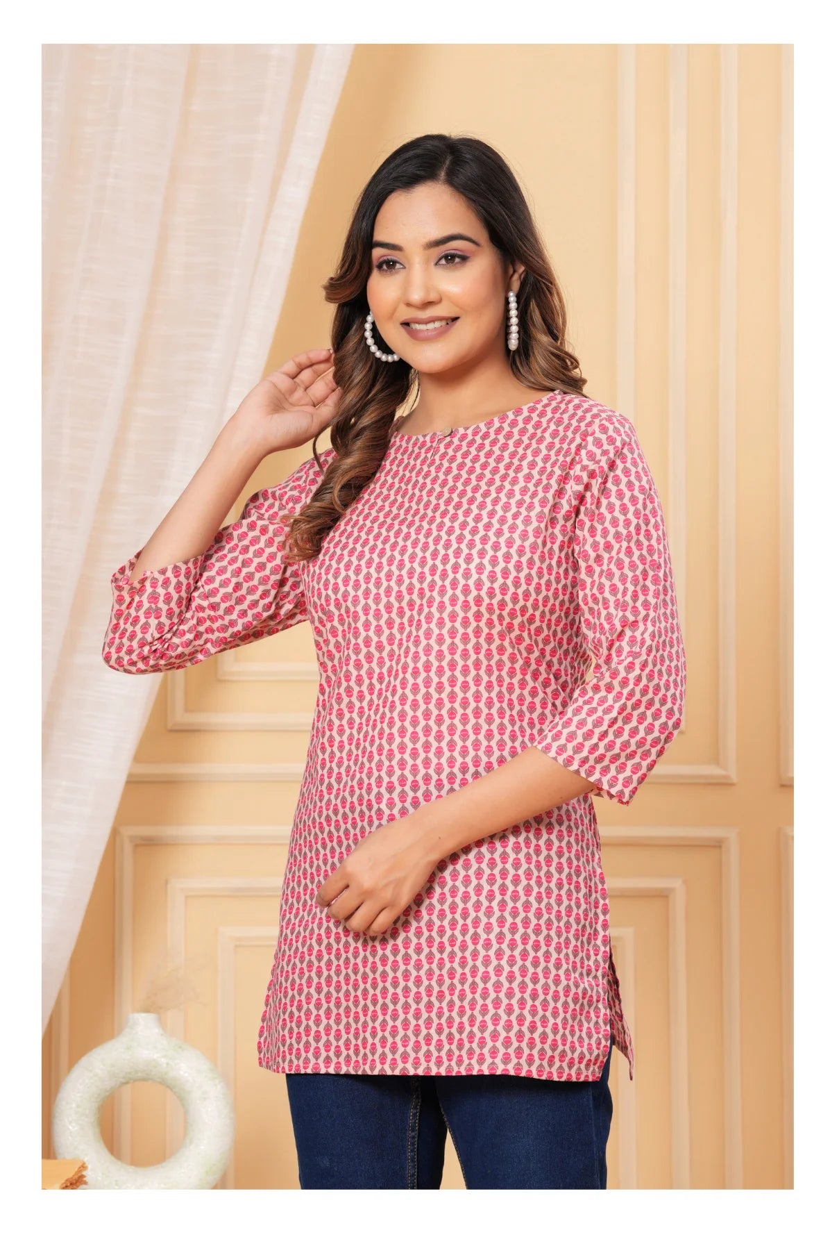 Pink Printed Straight Cotton Kurti for Women