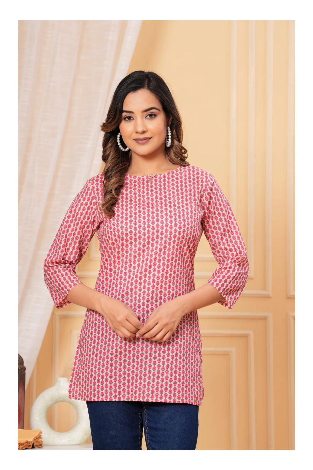 Pink Printed Straight Cotton Kurti for Women
