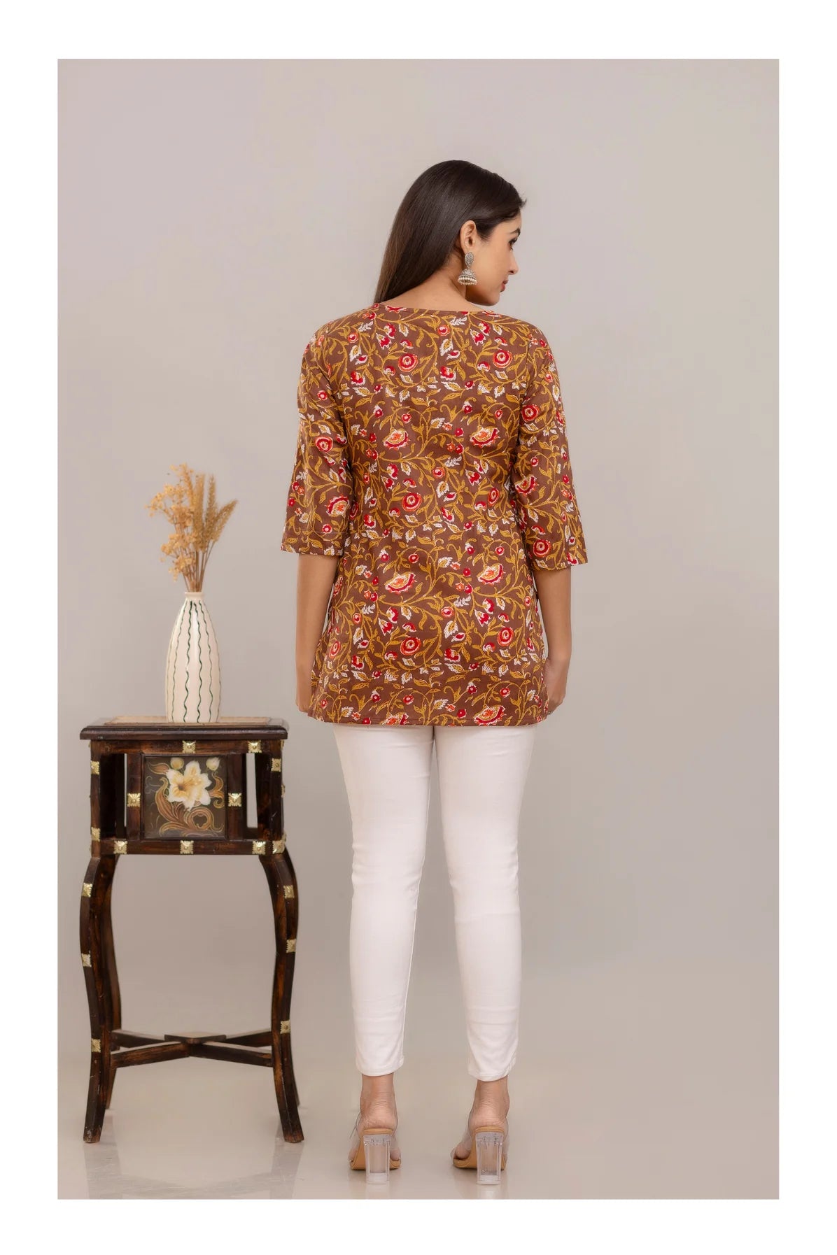 Brown Floral Printed Straight Cotton Kurti for Women