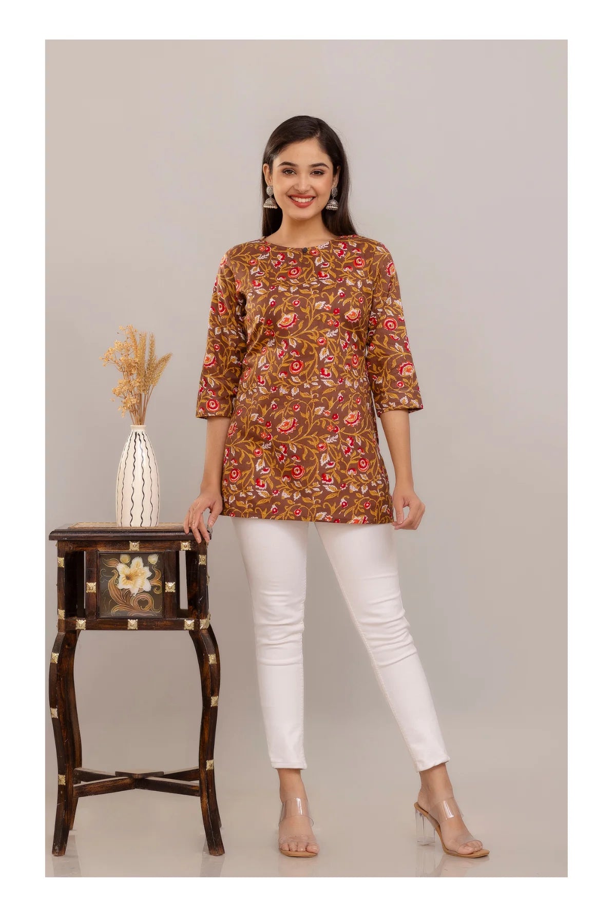 Brown Floral Printed Straight Cotton Kurti for Women