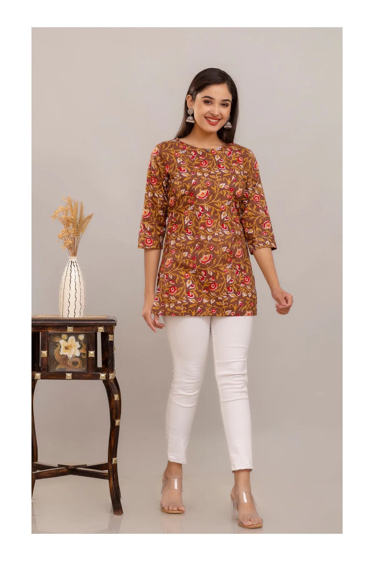 Brown Floral Printed Straight Cotton Kurti for Women