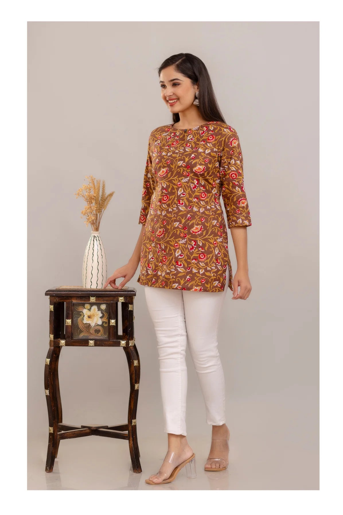 Brown Floral Printed Straight Cotton Kurti for Women