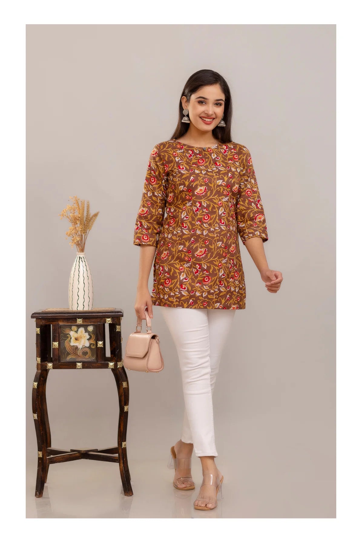 Brown Floral Printed Straight Cotton Kurti for Women